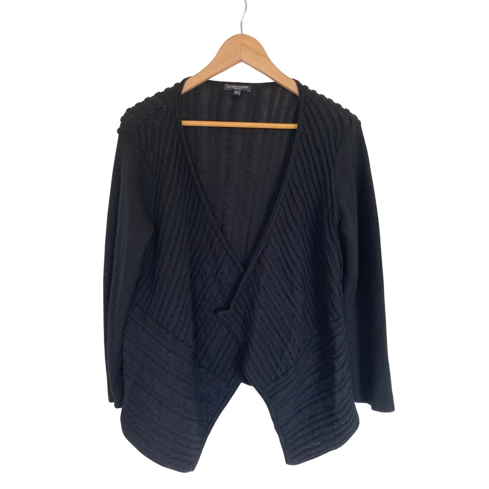 Eileen Fisher Woman Black Wool Mohair Blend Ribbed Open Front Cardigan 2X